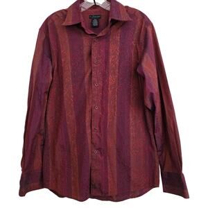 Men's J. Ferrar Button Up Striped Red & Orange with Subtle Floral Print Shirt M